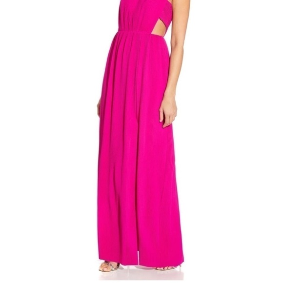 Aidan by Aidan Mattox Cutout Halter Pleated Gown in Pink Flame - Picture 4 of 9